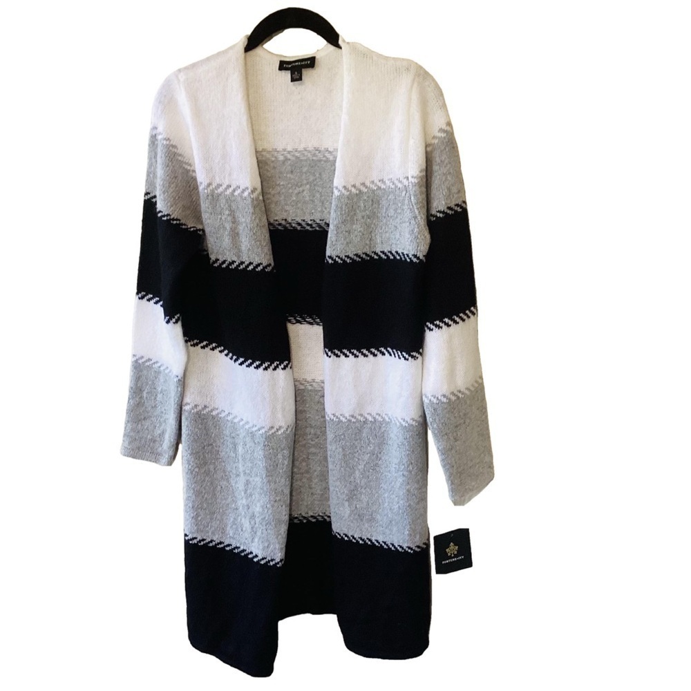 NEW Fortune+Ivy Color-block Open Knit Cardigan Sweater Size S Black Gray White
